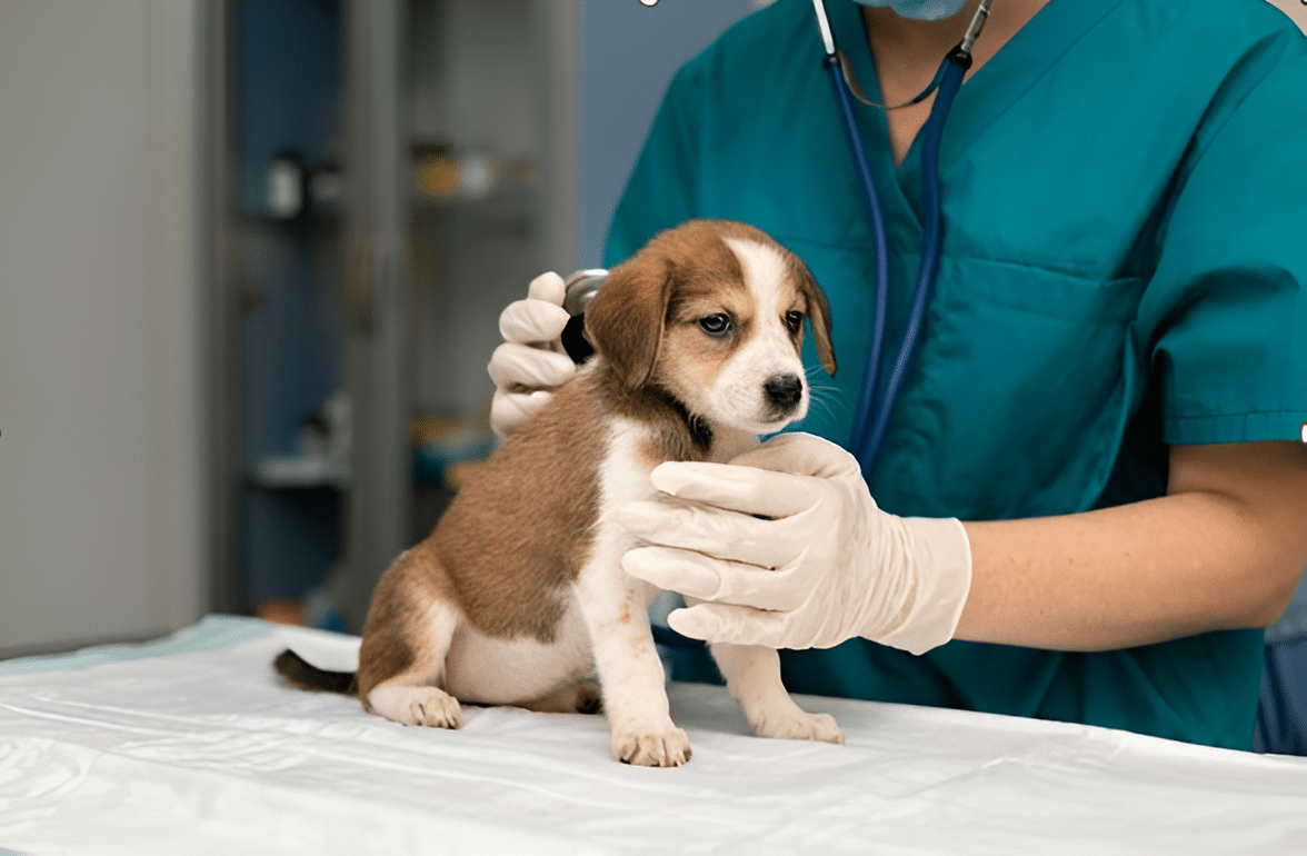 Na tela, médico veterinário em seu consultório cuidando de um pequeno cachorro.